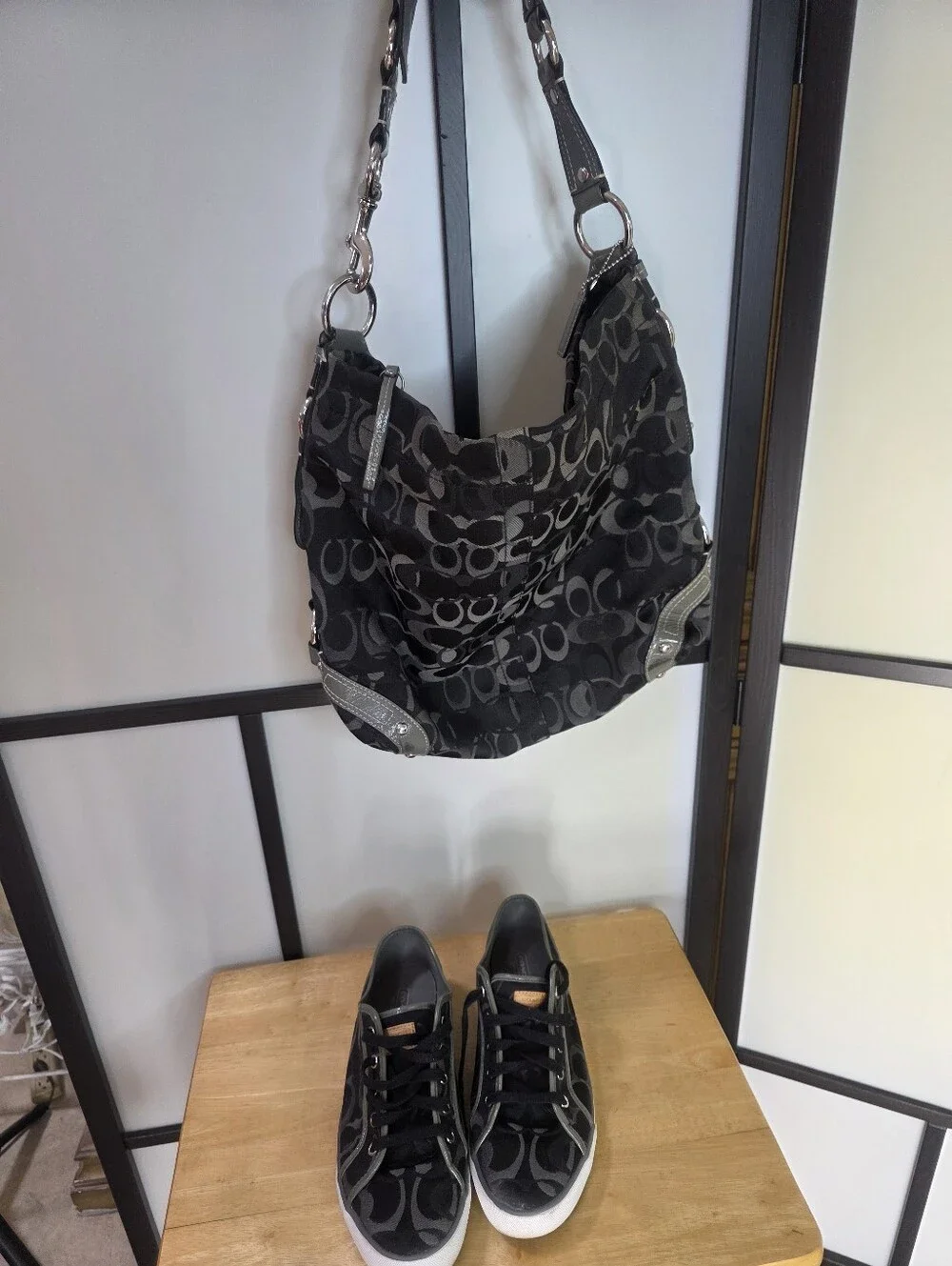Coach Black & Gray Signature Hobo Bag  Metallic Accents & Coach Sneakers Size 11
